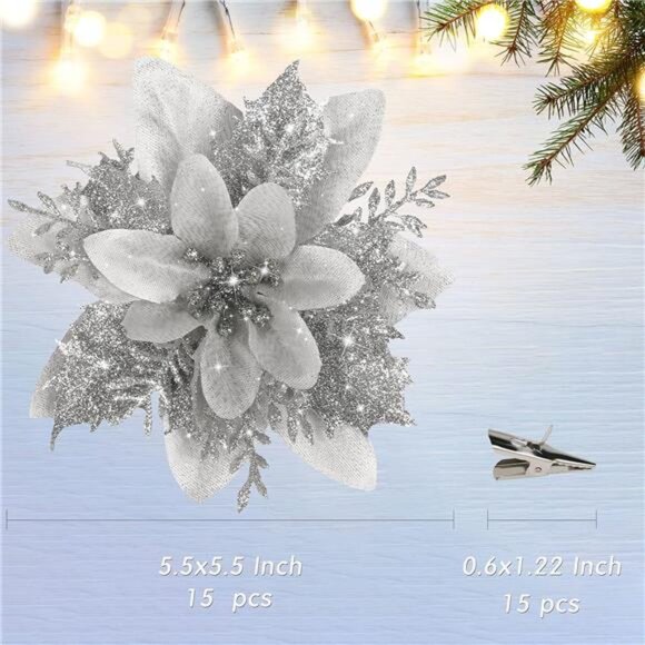 15 PCS Silver Poinsettia Flower Artificial Poinsettia with Clips Christmas Decor - Picture 4 of 7